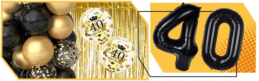 ZESTAW BALONY na 40 urodziny cyfry dekoracja CZARNE ZŁOTE STYLOWE MOCNE Materiał mix